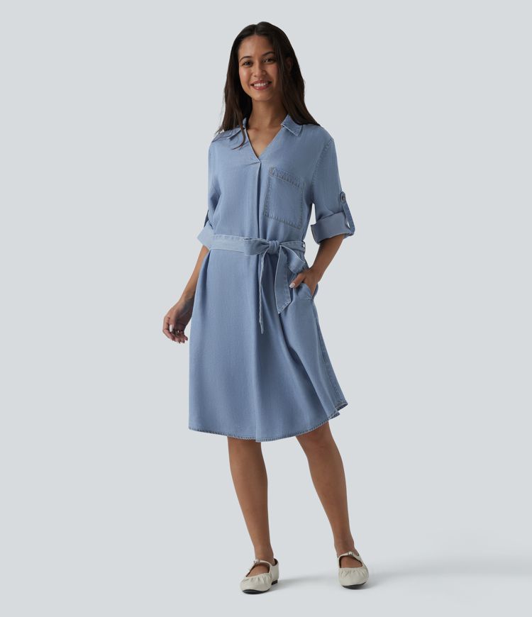 Robe courte casual denim col V manches longues avec nœud devant et poches