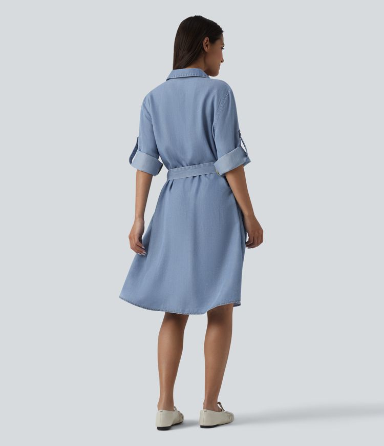 Robe courte casual denim col V manches longues avec nœud devant et poches