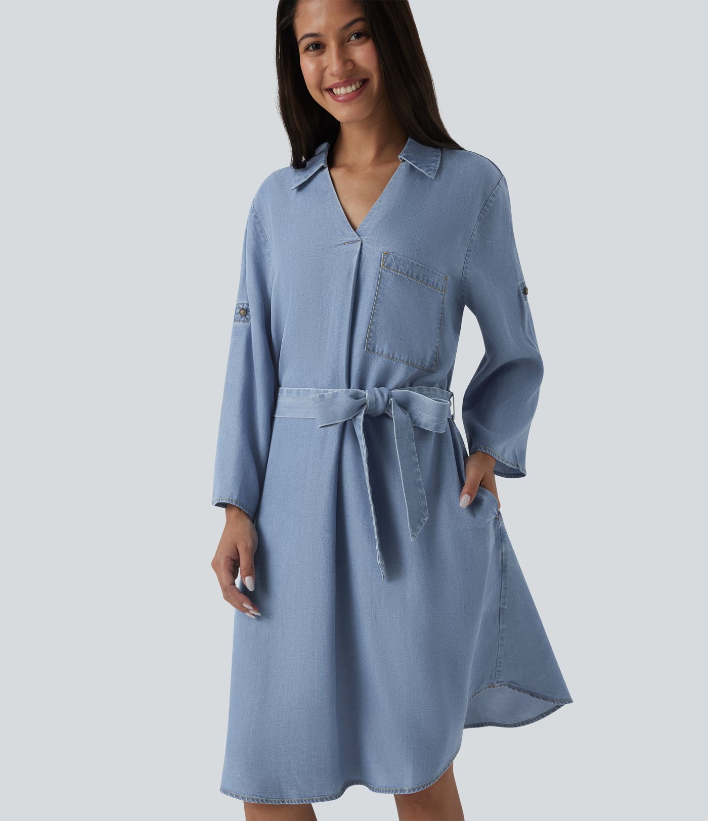 Robe courte casual denim col V manches longues avec nœud devant et poches