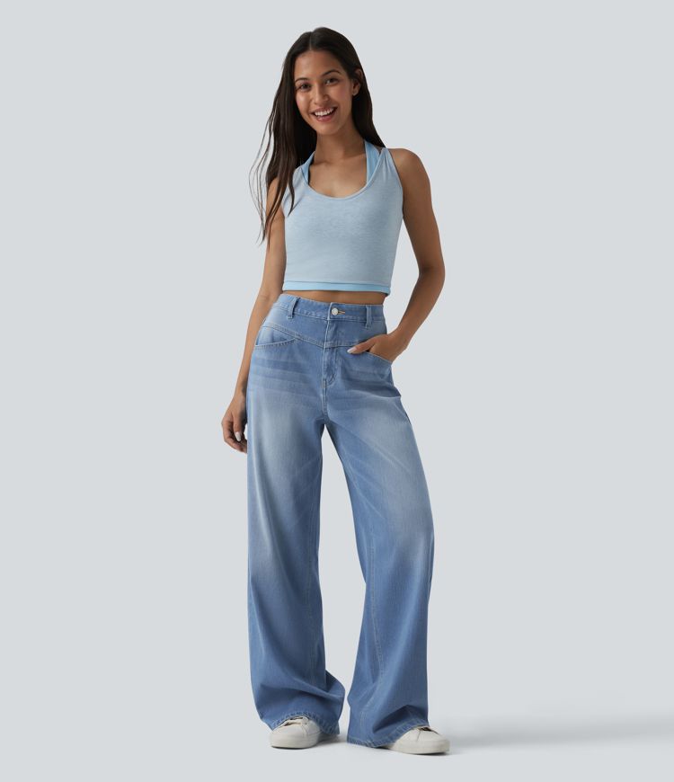 Halara Flex™ High Waisted Wide Leg Washed Casual Jeans with Pockets