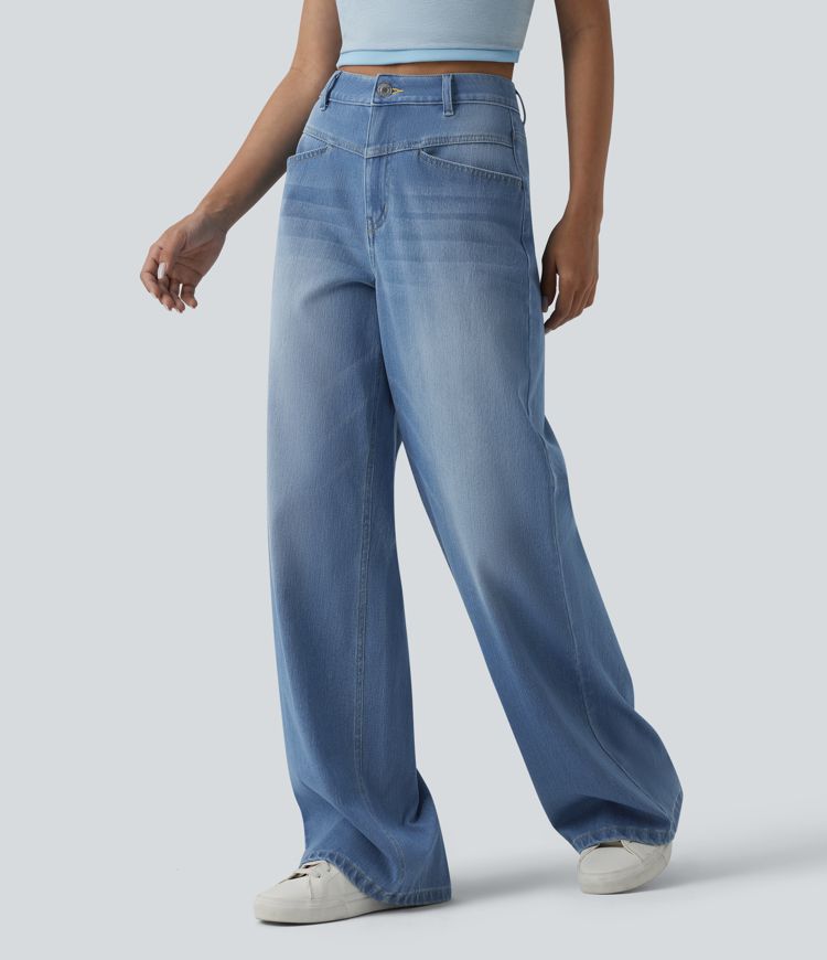 Halara Flex™ High Waisted Wide Leg Washed Casual Jeans with Pockets