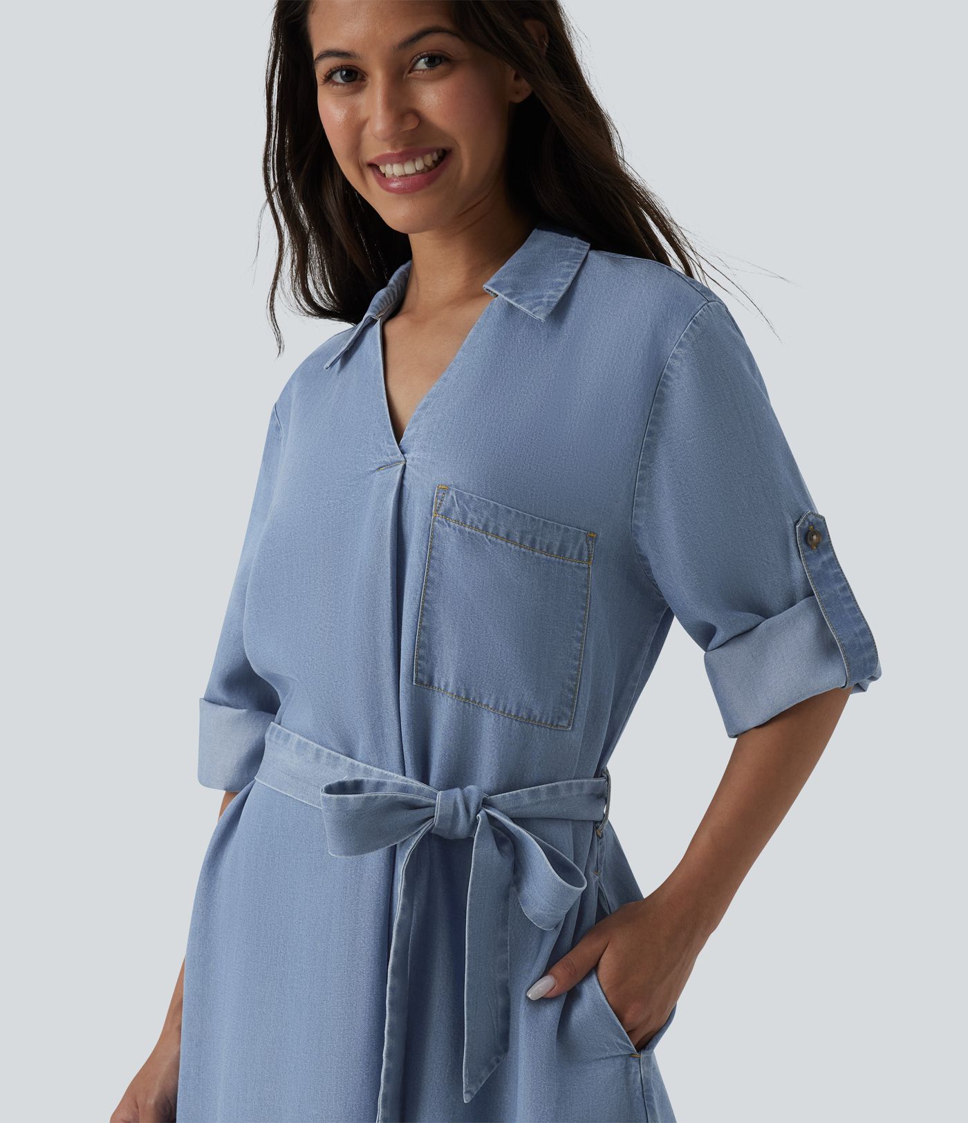 Robe courte casual denim col V manches longues avec nœud devant et poches