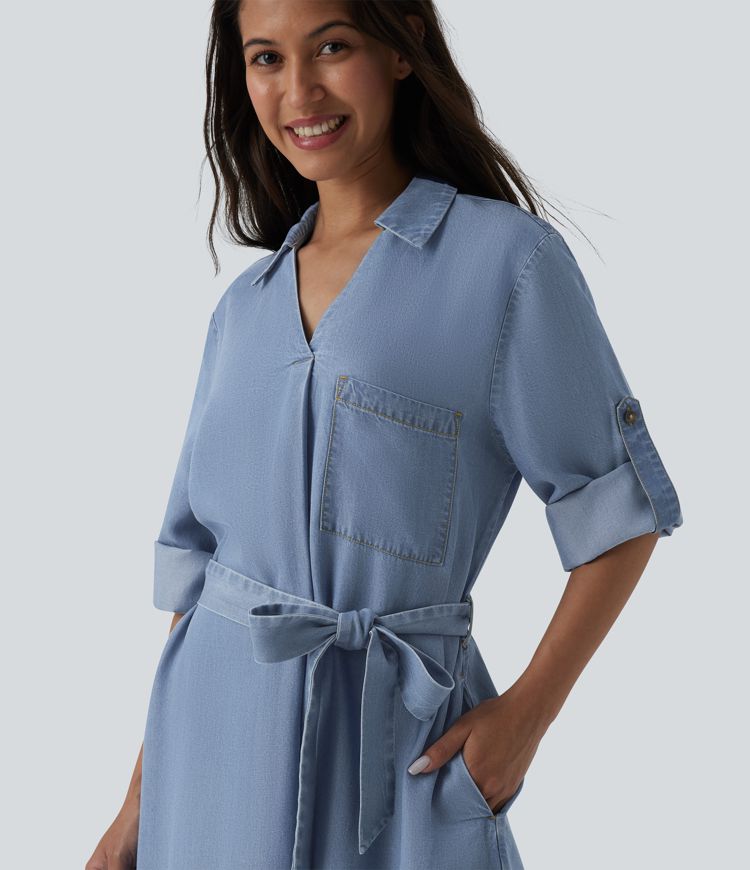 Robe courte casual denim col V manches longues avec nœud devant et poches