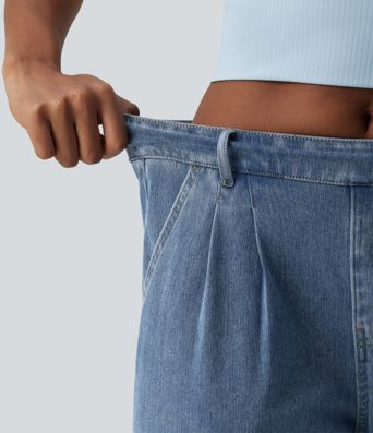 Halara Flex™ - Lässige Denim-Shorts mit mittelhohem Bund, Seitentaschen und umgeschlagenem Saum