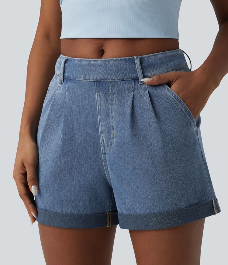 Halara Flex™ - Lässige Denim-Shorts mit mittelhohem Bund, Seitentaschen und umgeschlagenem Saum