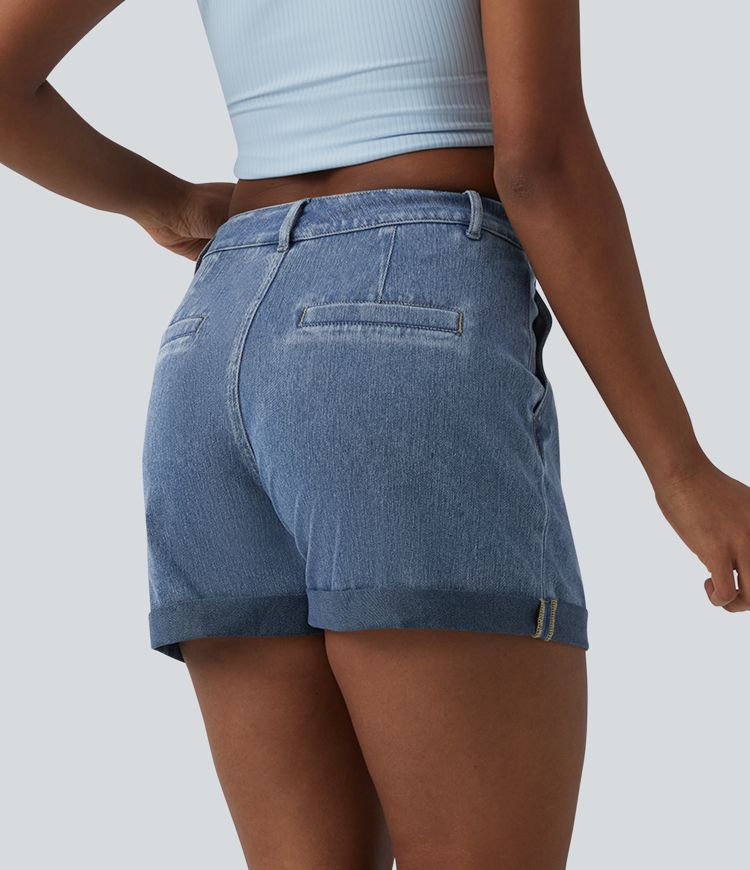 Halara Flex™ - Lässige Denim-Shorts mit mittelhohem Bund, Seitentaschen und umgeschlagenem Saum