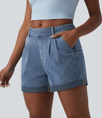 Halara Flex™ - Lässige Denim-Shorts mit mittelhohem Bund, Seitentaschen und umgeschlagenem Saum