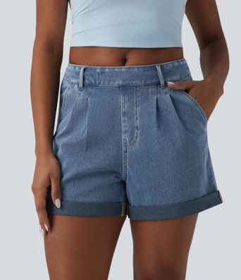 Halara Flex™ - Lässige Denim-Shorts mit mittelhohem Bund, Seitentaschen und umgeschlagenem Saum