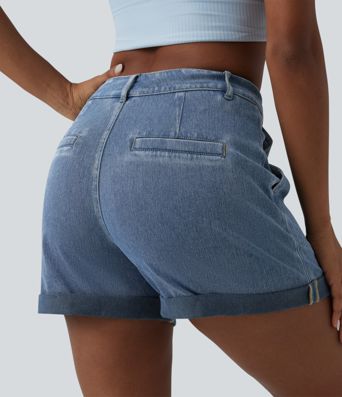 Halara Flex™ - Lässige Denim-Shorts mit mittelhohem Bund, Seitentaschen und umgeschlagenem Saum