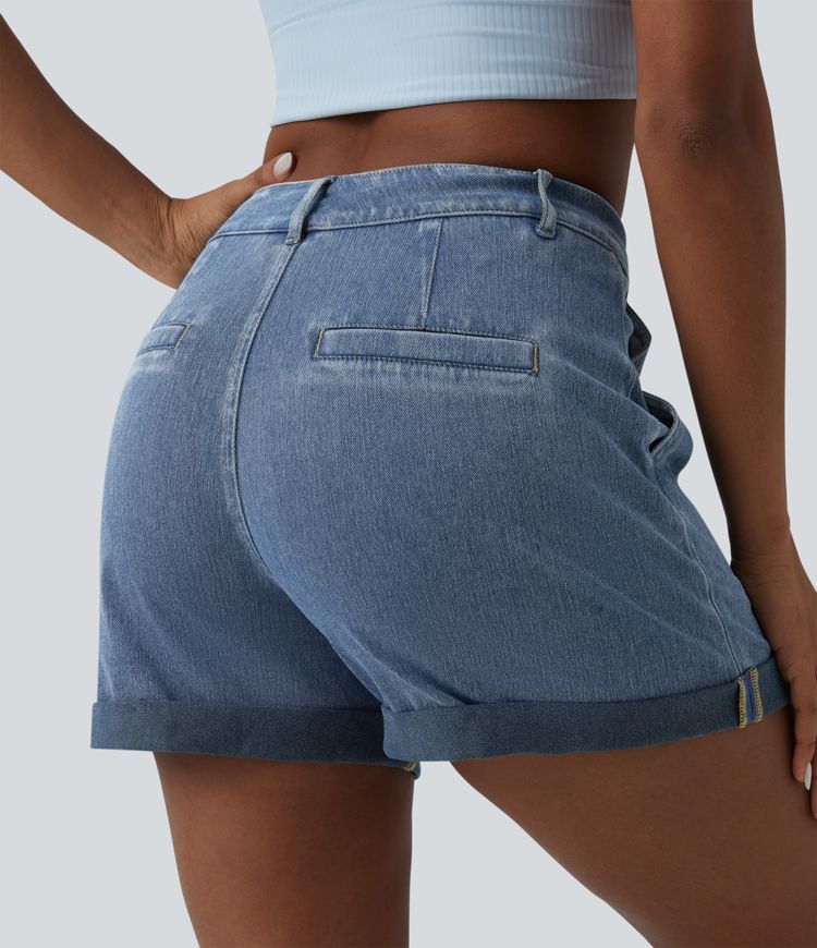 Halara Flex™ - Lässige Denim-Shorts mit mittelhohem Bund, Seitentaschen und umgeschlagenem Saum