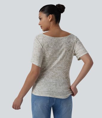 Cowl Neck Short Sleeve Ruched Tie Dye Casual T-Shirt