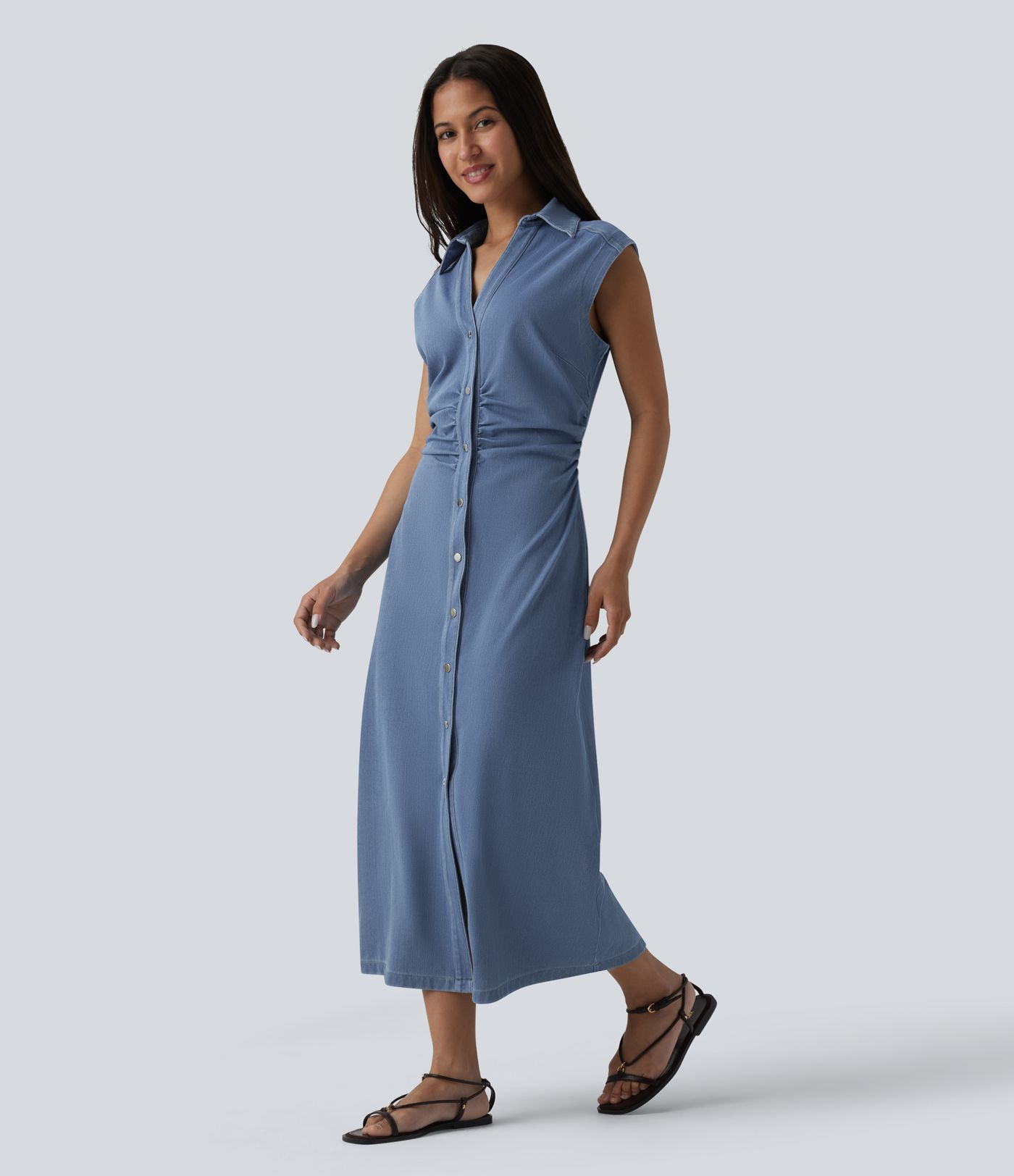 Halara Flex™ V-neck Sleeveless Ruched Button Fly  Midi Denim Casual Dress