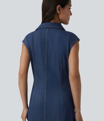 Halara Flex™ V-neck Sleeveless Ruched Button Fly  Midi Denim Casual Dress