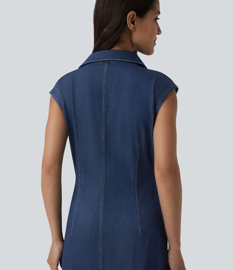 Halara Flex™ V-neck Sleeveless Ruched Button Fly  Midi Denim Casual Dress