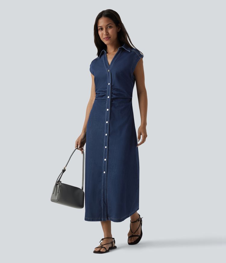 Halara Flex™ V-neck Sleeveless Ruched Button Fly  Midi Denim Casual Dress
