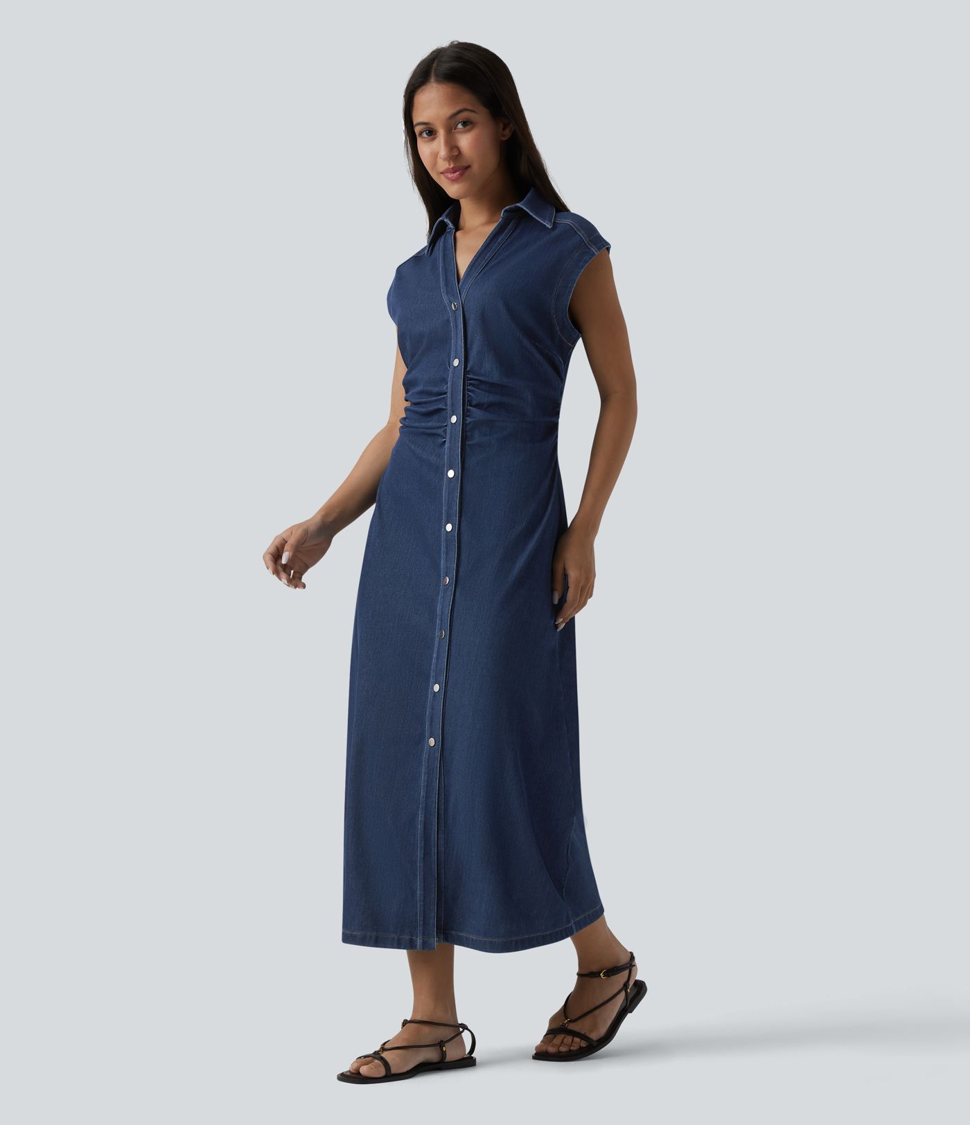 Halara Flex™ V-neck Sleeveless Ruched Button Fly  Midi Denim Casual Dress