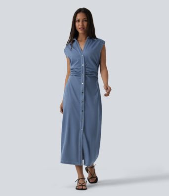 Halara Flex™ V-neck Sleeveless Ruched Button Fly  Midi Denim Casual Dress