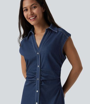 Halara Flex™ V-neck Sleeveless Ruched Button Fly  Midi Denim Casual Dress
