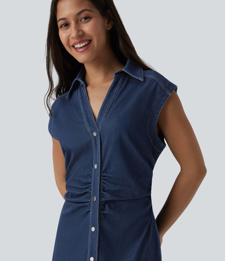 Halara Flex™ V-neck Sleeveless Ruched Button Fly  Midi Denim Casual Dress