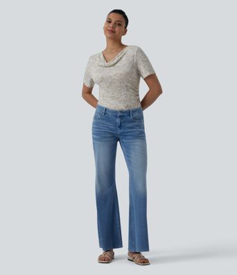 Cowl Neck Short Sleeve Ruched Tie Dye Casual T-Shirt