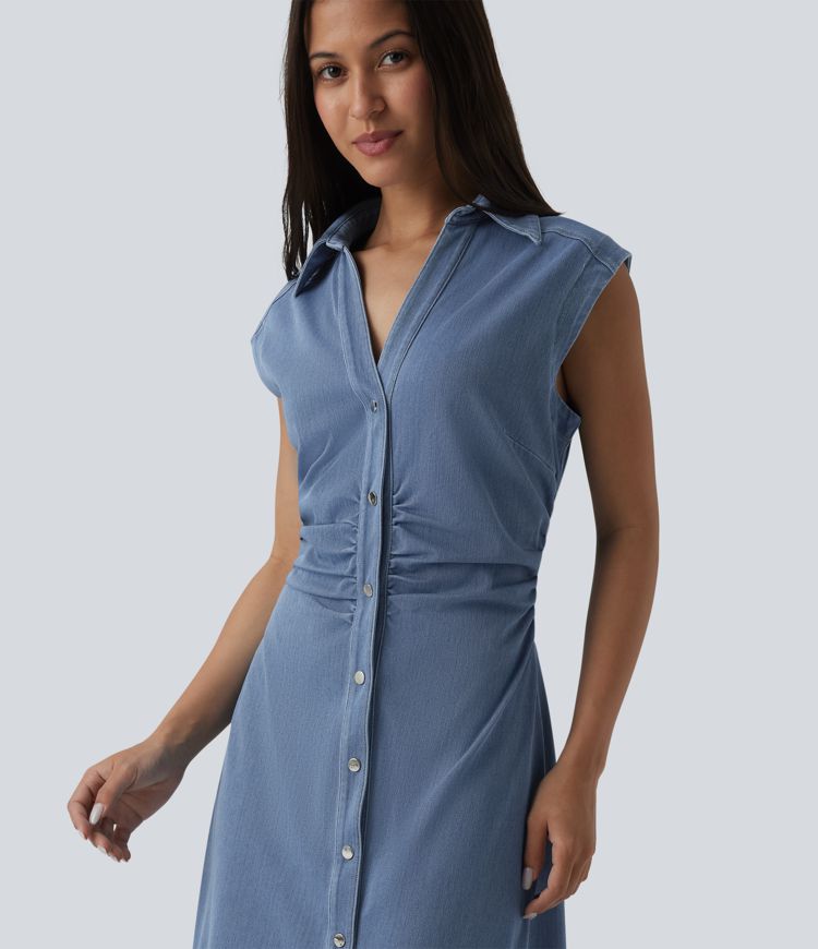 Halara Flex™ V-neck Sleeveless Ruched Button Fly  Midi Denim Casual Dress