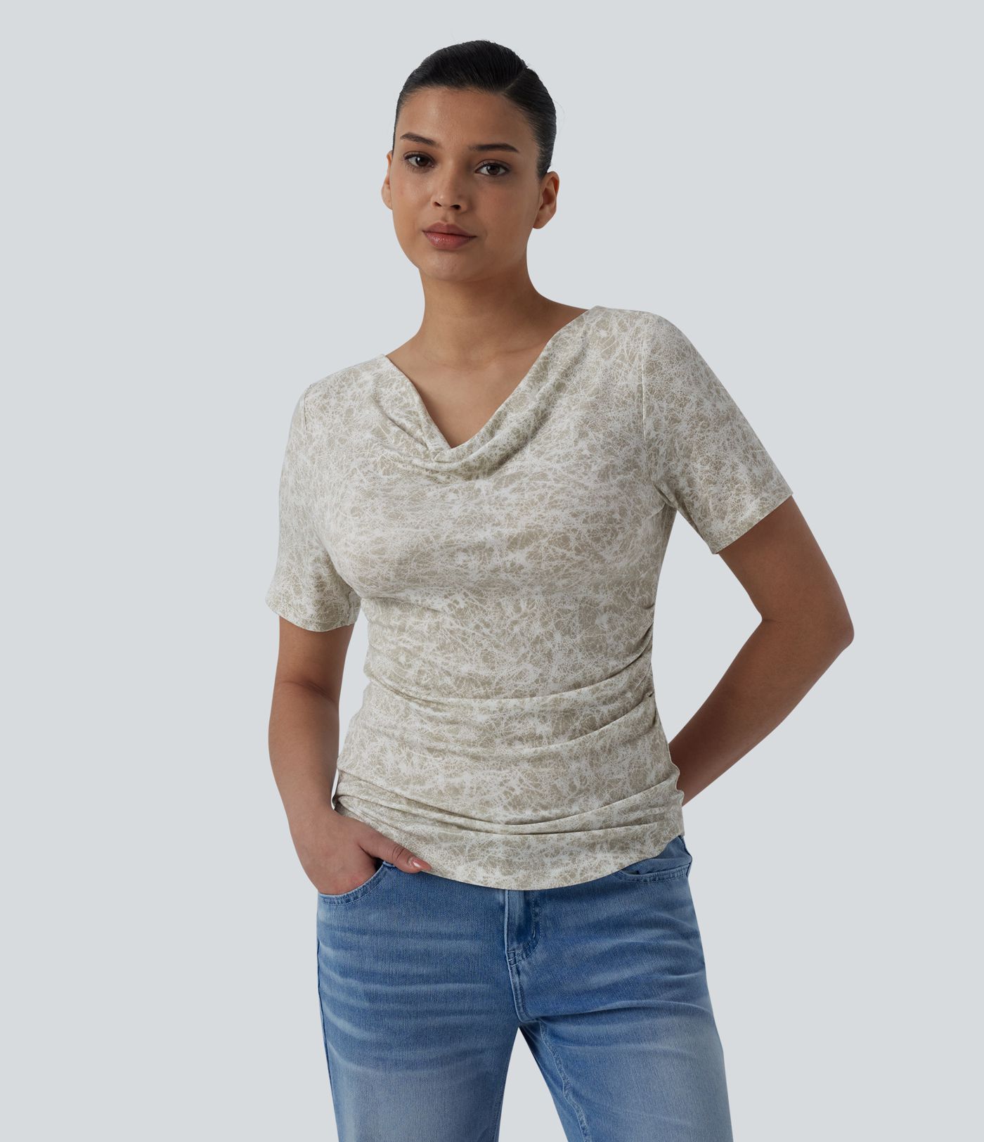 Cowl Neck Short Sleeve Ruched Tie Dye Casual T-Shirt
