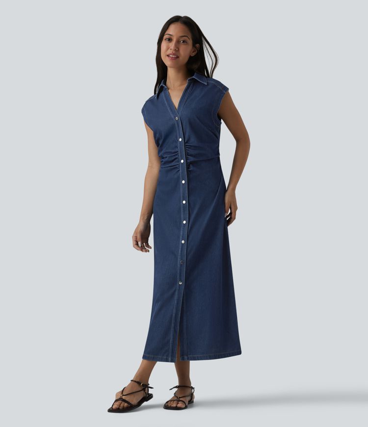 Halara Flex™ V-neck Sleeveless Ruched Button Fly  Midi Denim Casual Dress