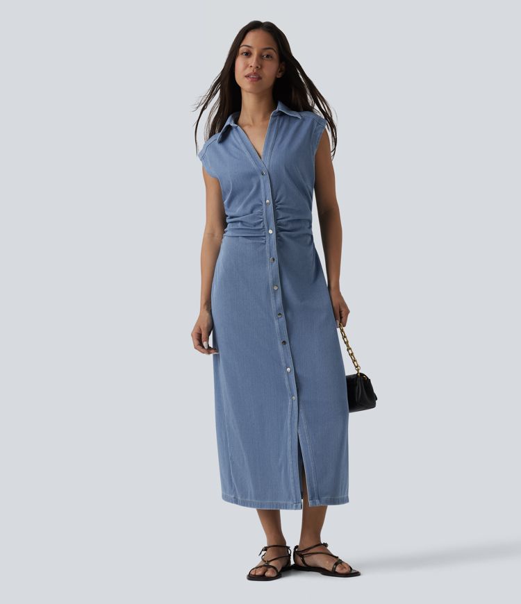Halara Flex™ V-neck Sleeveless Ruched Button Fly  Midi Denim Casual Dress
