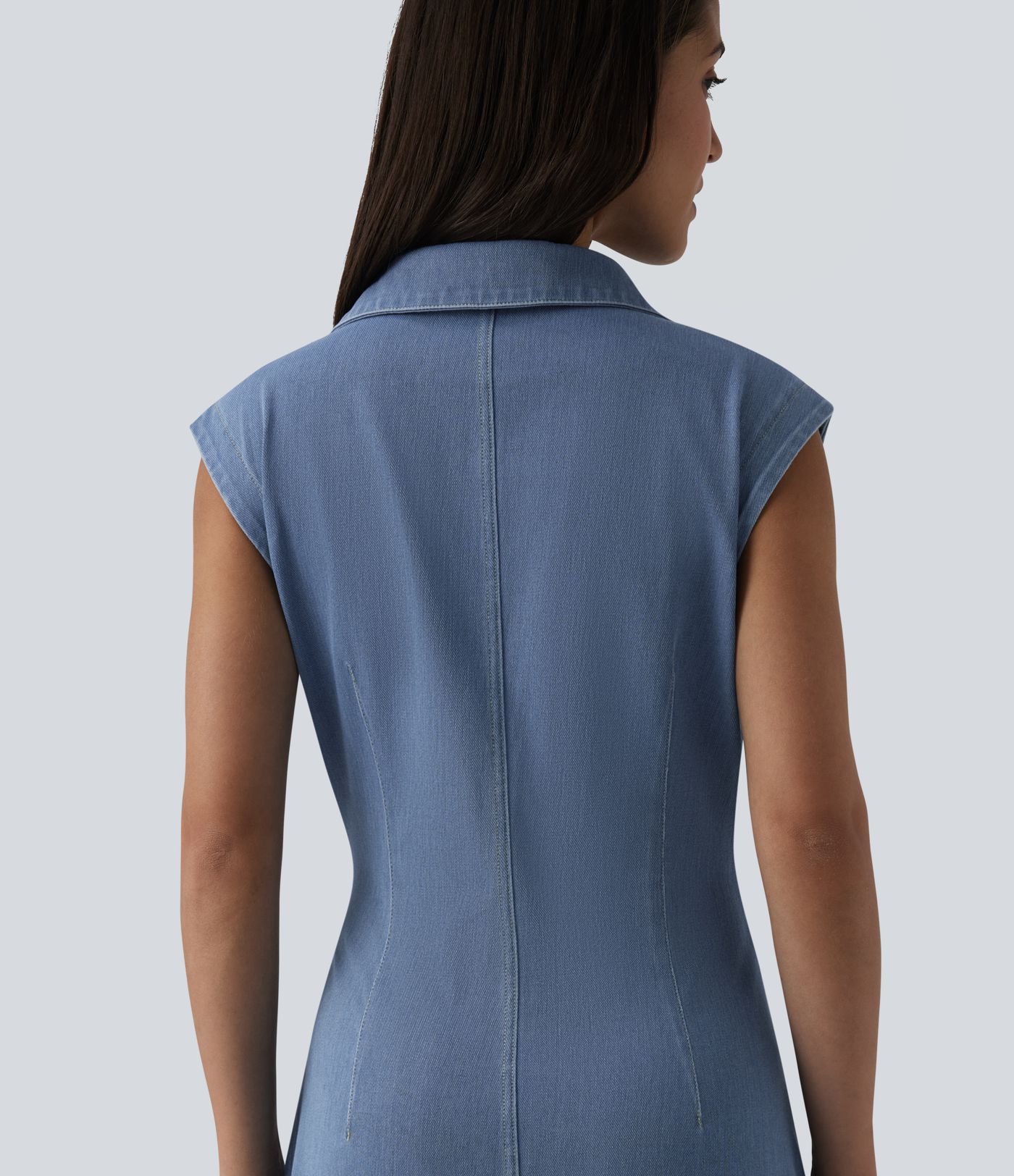 Halara Flex™ V-neck Sleeveless Ruched Button Fly  Midi Denim Casual Dress