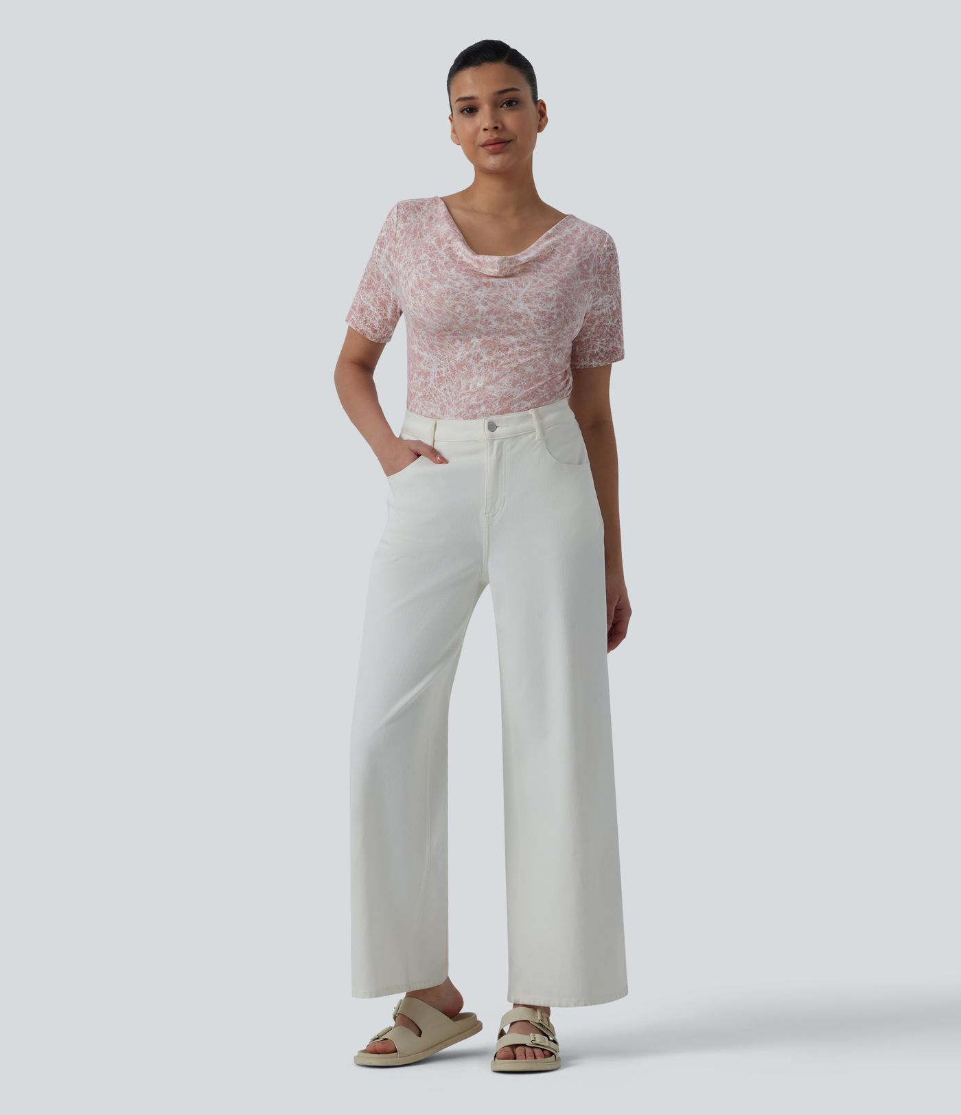 Cowl Neck Short Sleeve Ruched Tie Dye Casual T-Shirt