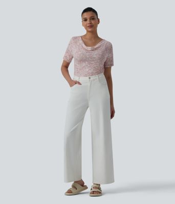 Cowl Neck Short Sleeve Ruched Tie Dye Casual T-Shirt