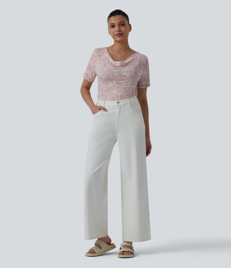 Cowl Neck Short Sleeve Ruched Tie Dye Casual T-Shirt