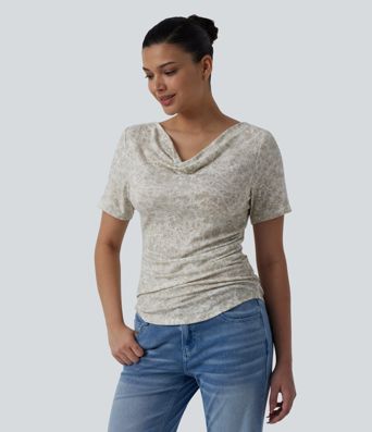 Cowl Neck Short Sleeve Ruched Tie Dye Casual T-Shirt