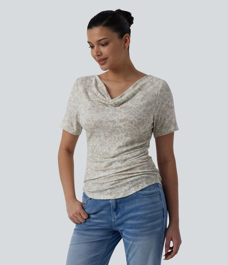 Cowl Neck Short Sleeve Ruched Tie Dye Casual T-Shirt