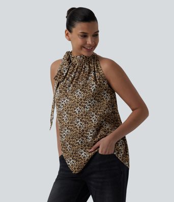Stand Collar Leopard Print Casual Tank Top