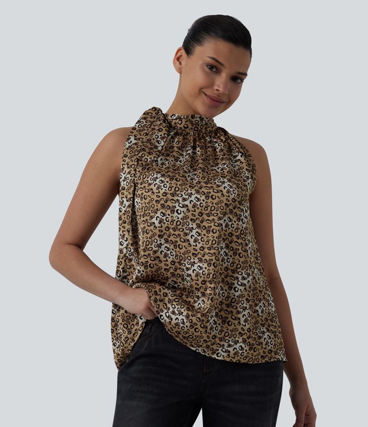 Stand Collar Leopard Print Casual Tank Top