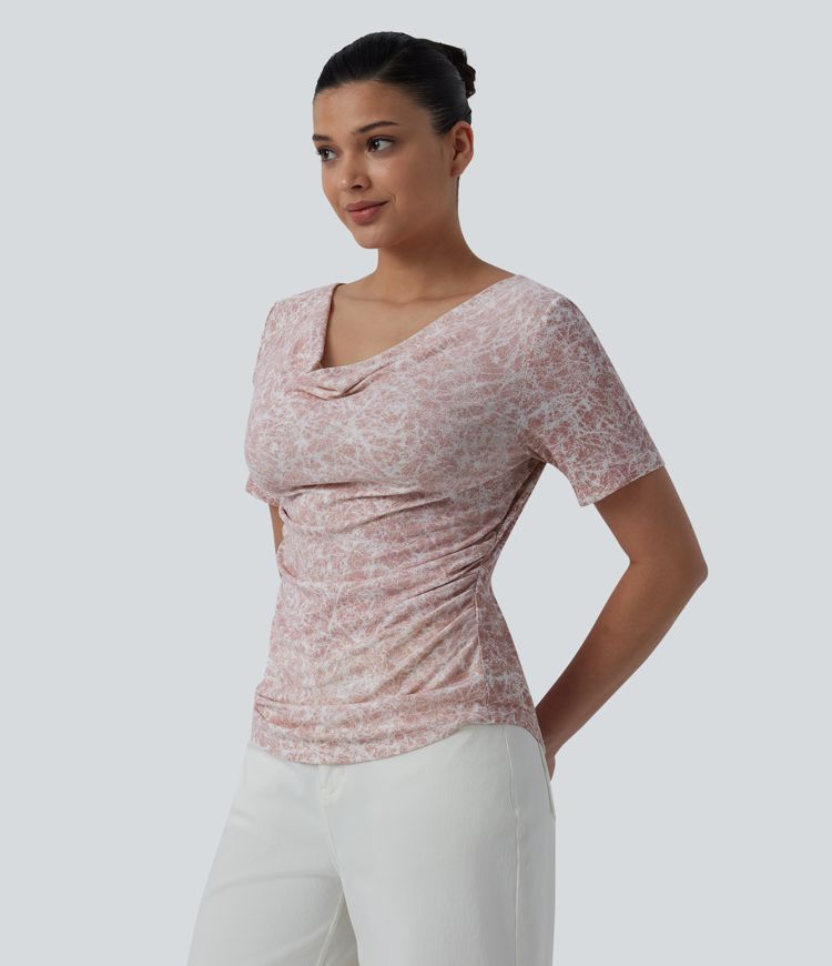 Cowl Neck Short Sleeve Ruched Tie Dye Casual T-Shirt