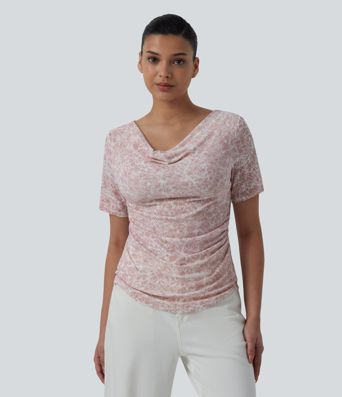 Cowl Neck Short Sleeve Ruched Tie Dye Casual T-Shirt