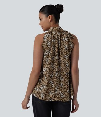 Stand Collar Leopard Print Casual Tank Top