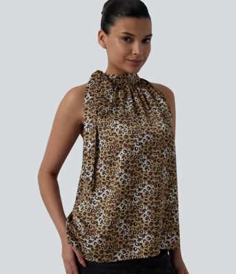 Stand Collar Leopard Print Casual Tank Top