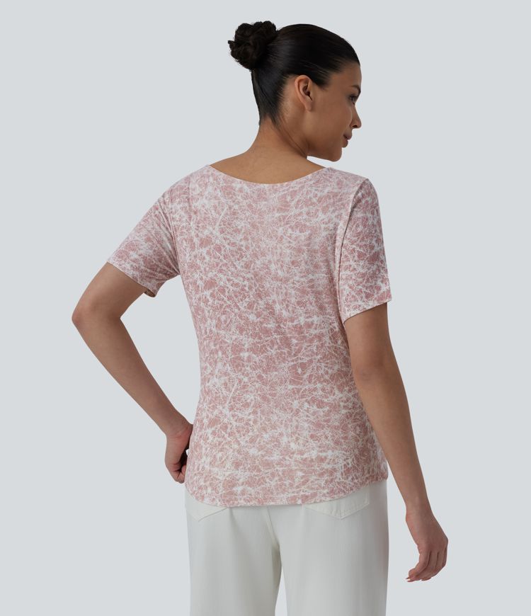 Cowl Neck Short Sleeve Ruched Tie Dye Casual T-Shirt