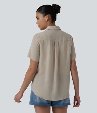 Short Sleeve Curved Hem Casual Linen-Blend Shirt