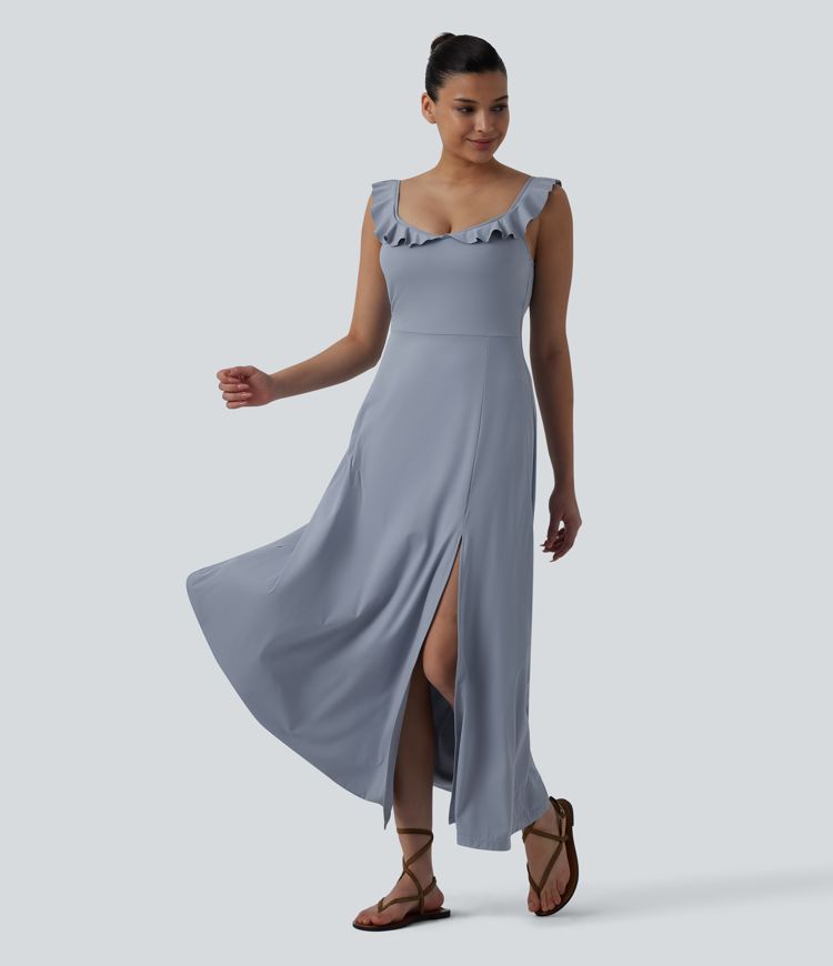 Built-in Bra Ruffle Flowy Maxi Dress
