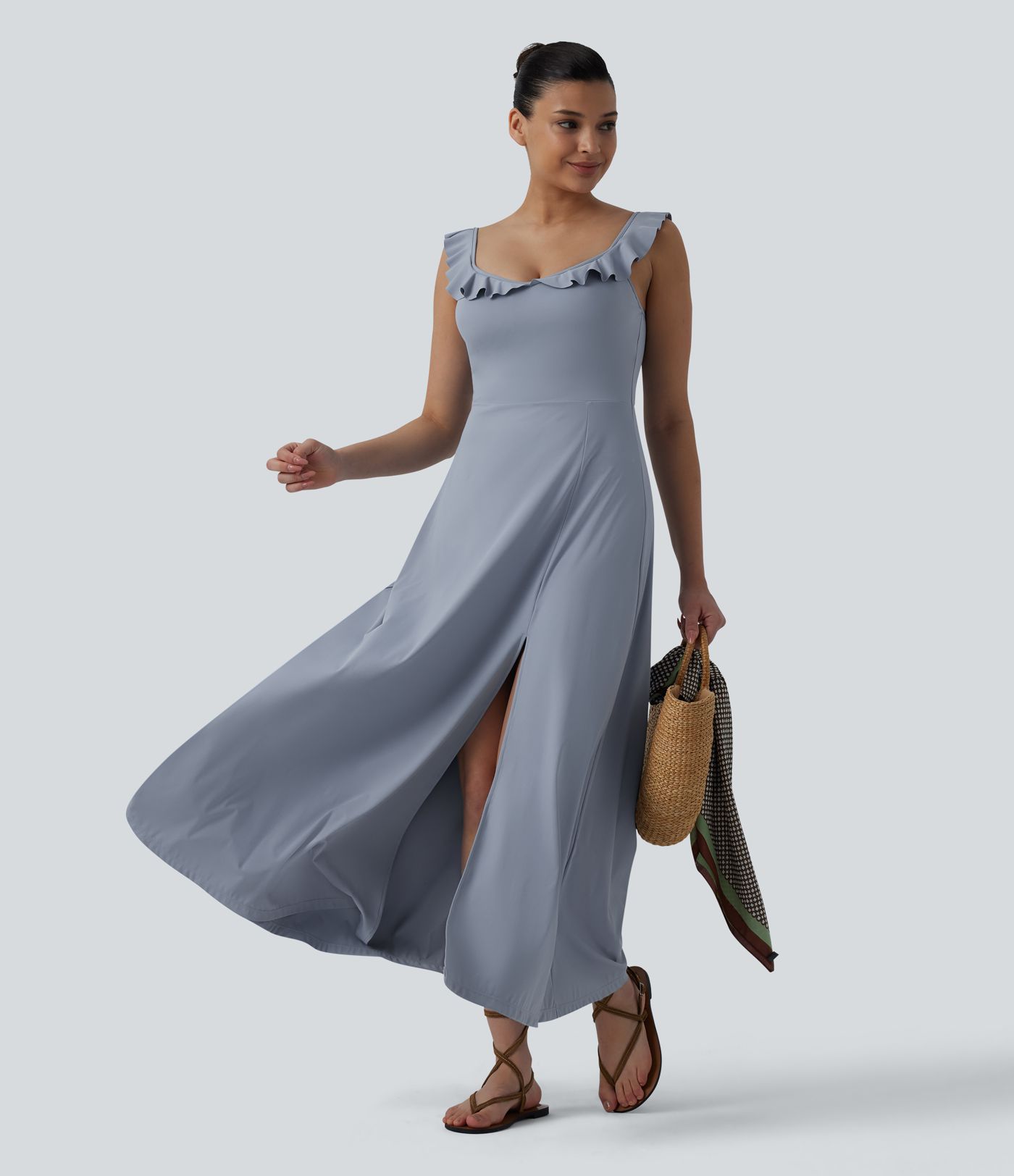 Built-in Bra Ruffle Flowy Maxi Dress