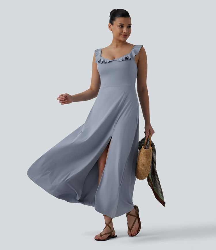 Built-in Bra Ruffle Flowy Maxi Dress