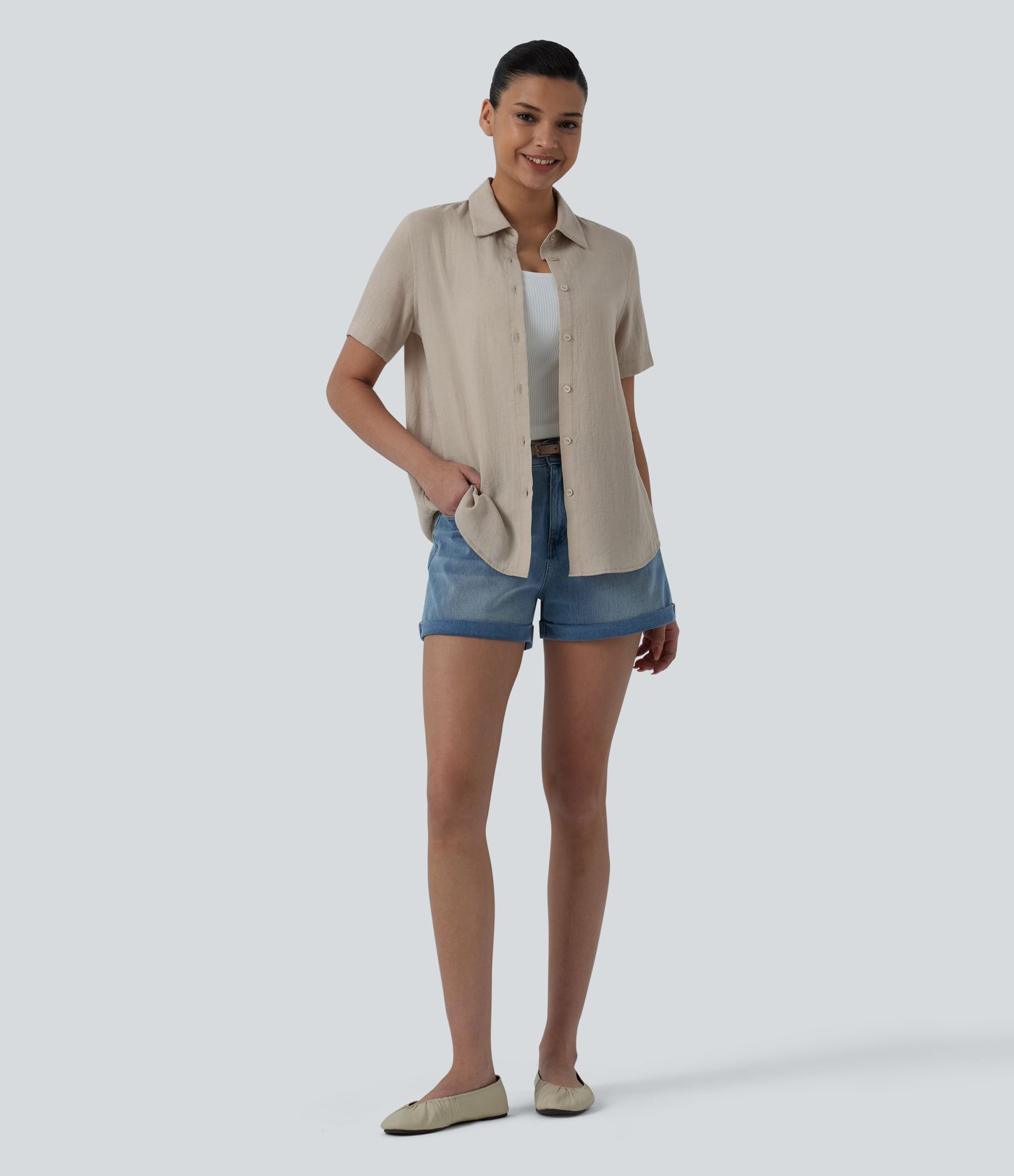 Short Sleeve Curved Hem Casual Linen-Blend Shirt