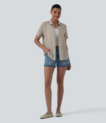 Short Sleeve Curved Hem Casual Linen-Blend Shirt