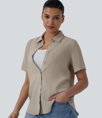 Short Sleeve Curved Hem Casual Linen-Blend Shirt