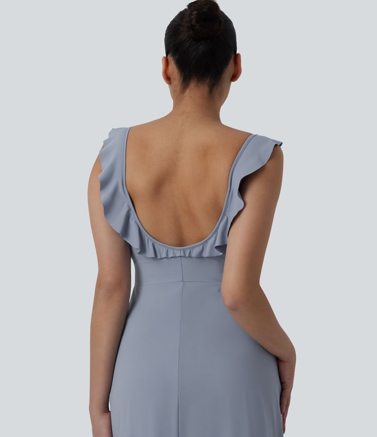 Built-in Bra Ruffle Flowy Maxi Dress