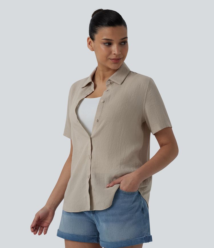 Short Sleeve Curved Hem Casual Linen-Blend Shirt